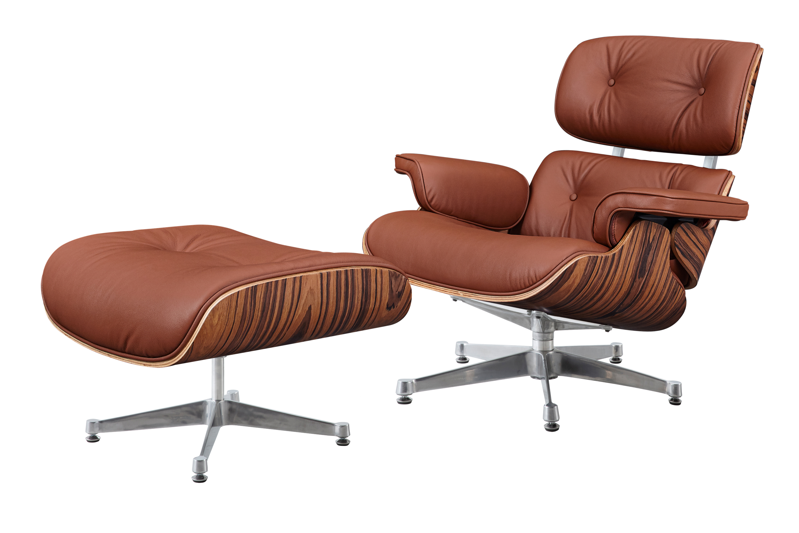 Tan brown Eames lounge chair and ottoman replica front view