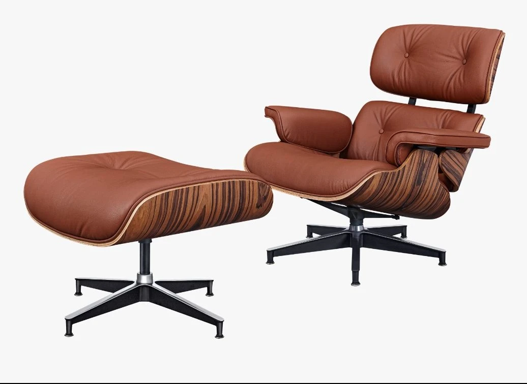 Tan brown Eames style lounge chair and ottoman front view