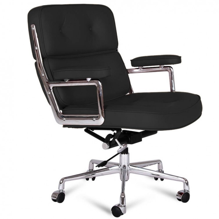 ames style ES104 black leather lobby office chair replica with hand-tufted full-grain aniline leather cushions, padded chrome aluminium armrests