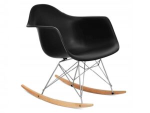 Eames style RAR rocking chair black replica with matte polypropylene shell, chrome Eiffel wire frame, and solid beech wood rocking runners