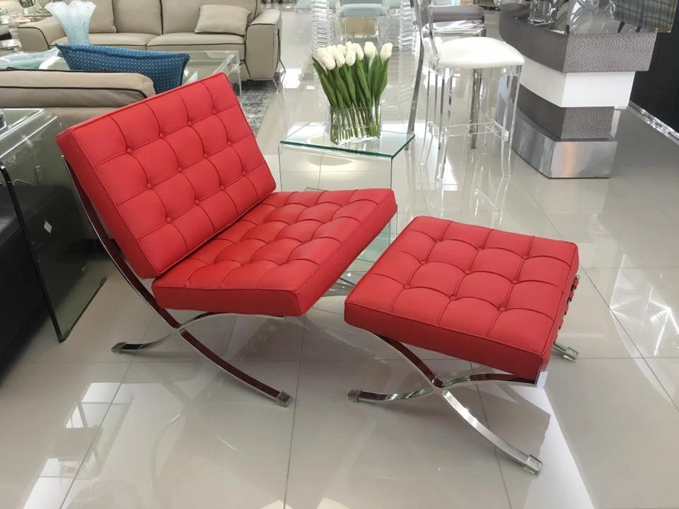 Red Barcelona chair and ottoman replica front view