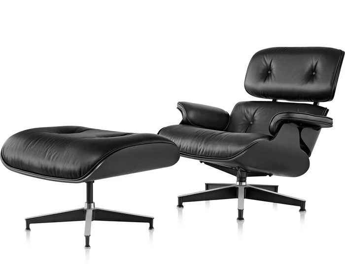 Black Eames lounge chair and ottoman replica front view