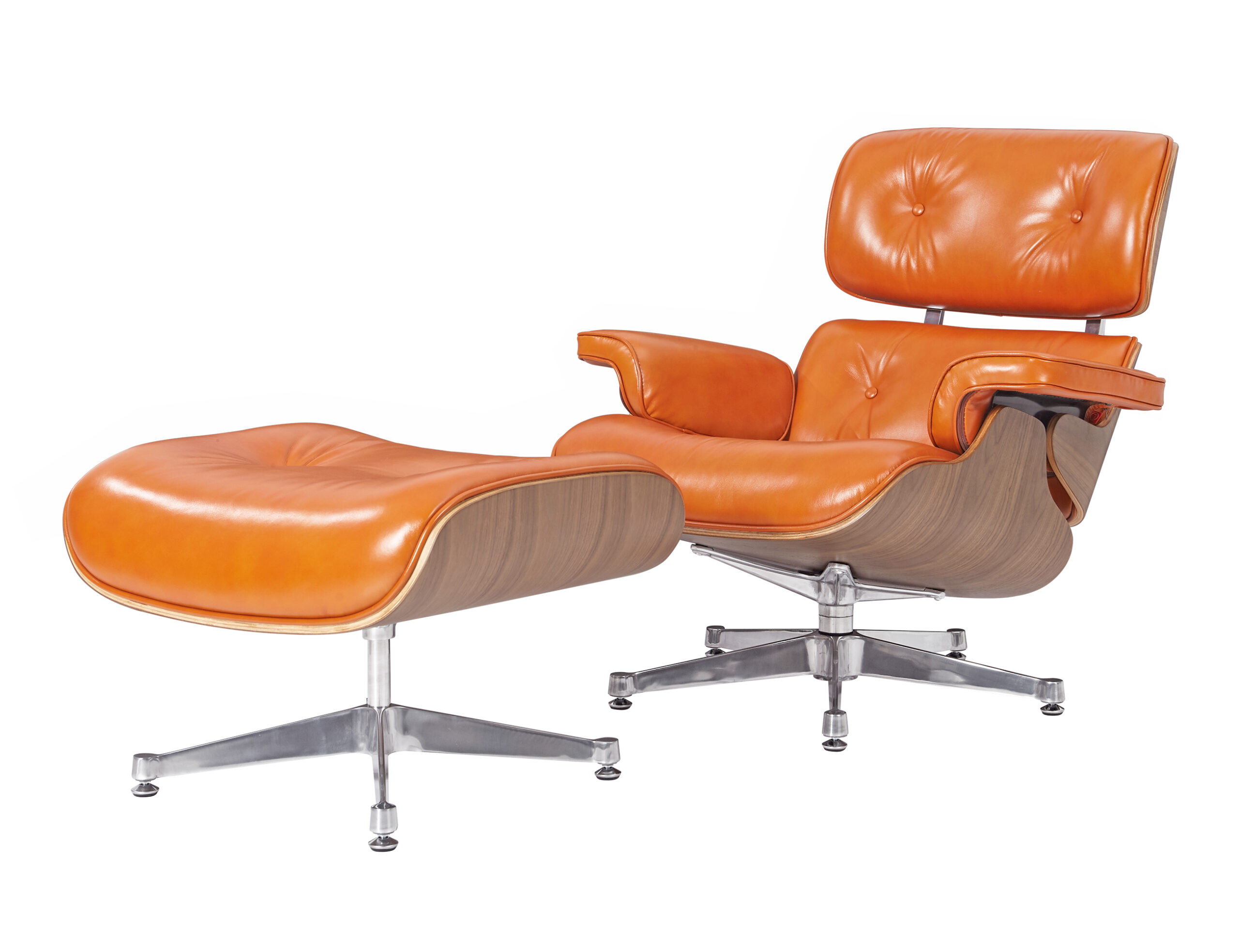 Waxy camel leather Eames style lounge chair and ottoman front view