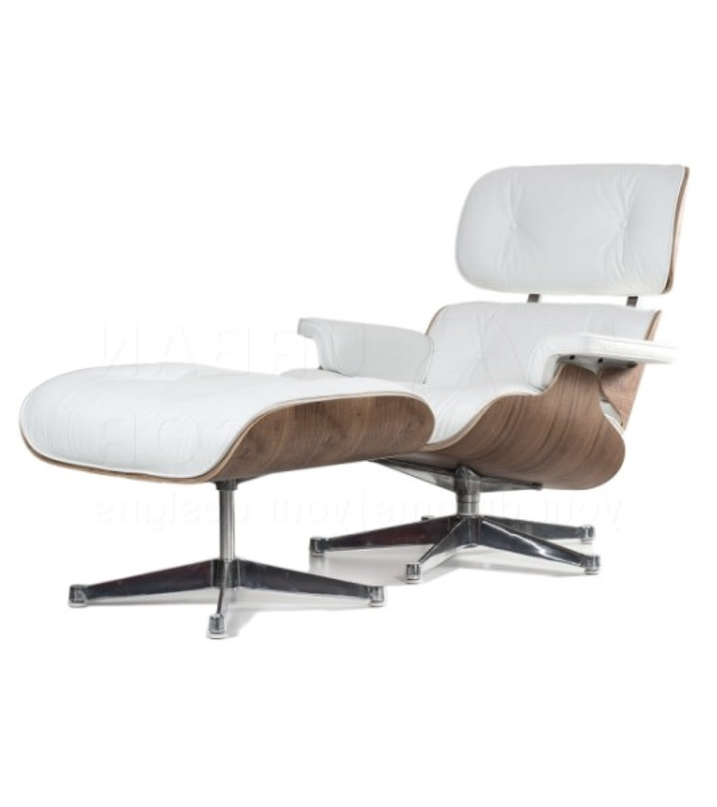 White Eames lounge chair and ottoman walnut replica front view