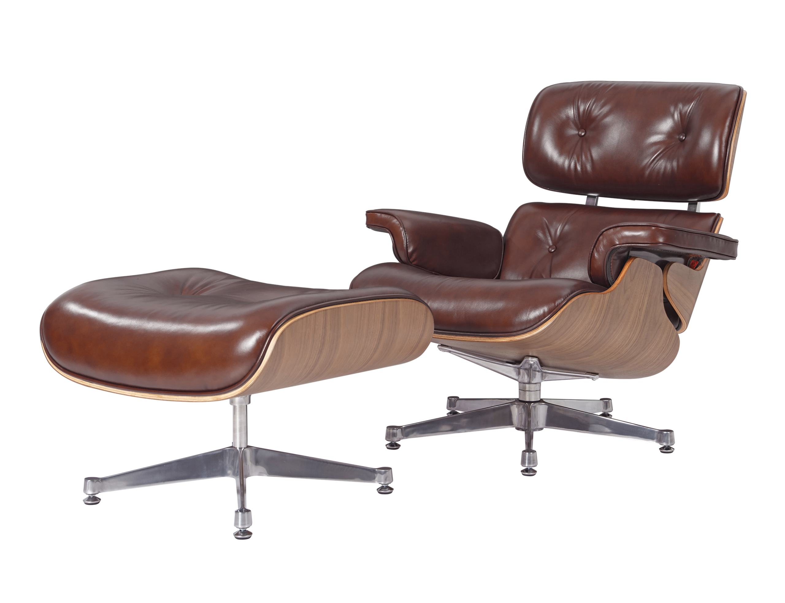 Waxy chocolate brown Eames style lounge chair and ottoman front view