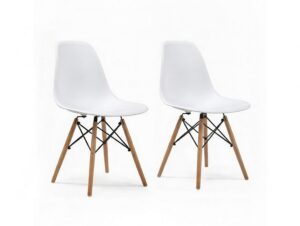 Eames style DSW white dining chairs set of 2 replica with natural beech wood legs on white background