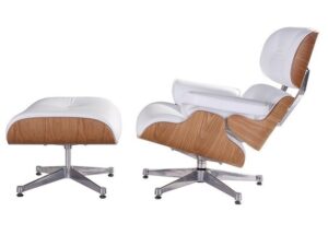 White Eames lounge chair and ottoman replica ashwood chrome base front view