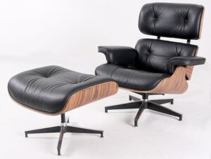 Eames Lounge Chair and Ottoman Replica – Black Leather with Light Rosewood Veneer in modern European living room