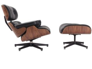 Eames Lounge Chair and Ottoman Replica – Black Leather with Walnut & Elephant Base in modern European living room