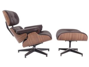 Eames Style Lounge Chair and Ottoman – Tan Brown Leather with Walnut & Chrome Base in modern European living room