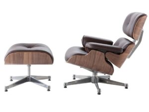 Eames Lounge Chair and Ottoman Replica – Brown Leather with Walnut & Chrome Base in modern European living room