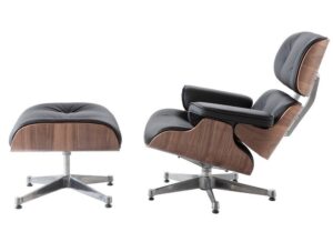 Eames Lounge Chair and Ottoman Reproduction – Black Leather, Walnut & Chrome Base in modern European living room