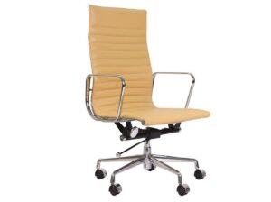 Eames Style EA119 Replica High Back Ribbed Thin Pad Office Chair – Camel Leather front view