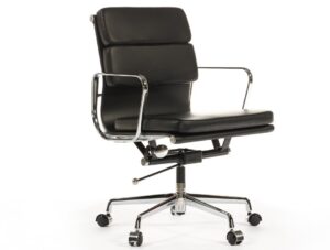 Eames EA217 soft pad office chair replica in black aniline leather with polished chrome aluminium frame and castors, low-back design for EU offices and home studies