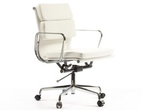 Eames style EA217 soft pad office chair in UV-stabilised white aniline leather with polished chrome aluminium frame