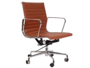 EA117 Eames Style Office Chair – Tan Leather Ribbed Low Back Thin Pad