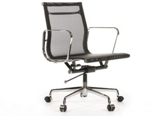 Eames Management EA117 mesh office chair replica in black with polished chrome aluminium frame and castors, low-back design for EU offices