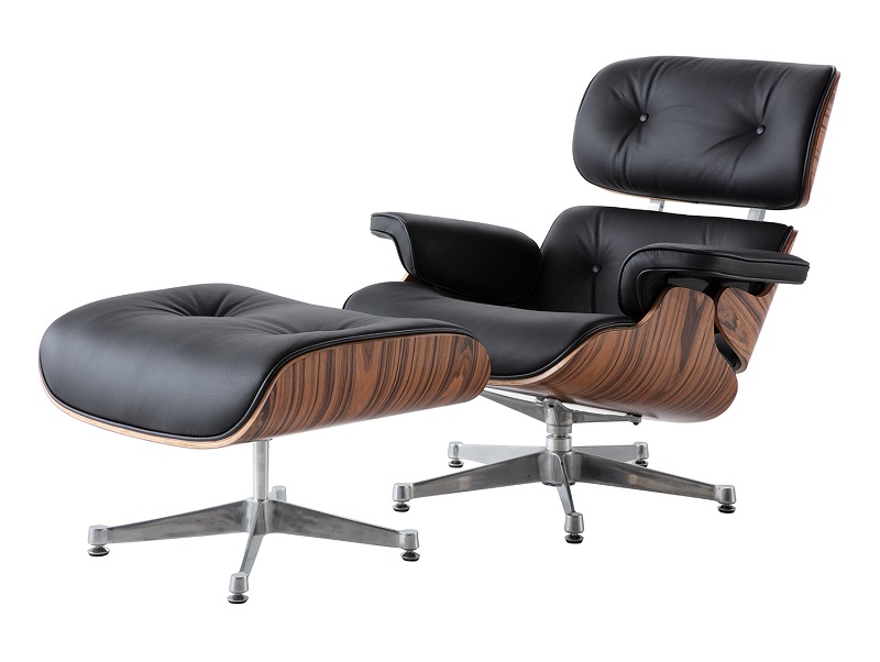 Eames style lounge chair and ottoman replica in black aniline leather with light rosewood veneer seven-layer plywood shells and polished chrome aluminium base