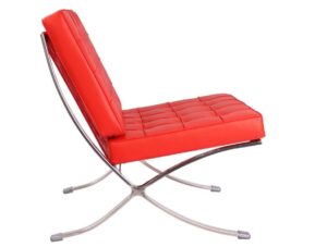 Red leather Barcelona chair replica with hand-polished stainless steel mirror-chrome frame, inspired by Mies van der Rohe, shown against white background