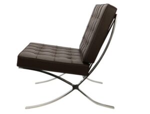 Chocolate brown Barcelona chair replica with hand-polished stainless steel mirror-chrome X-frame, full top-grain Italian aniline leather in rich chocolate brown, inspired by Mies van der Rohe