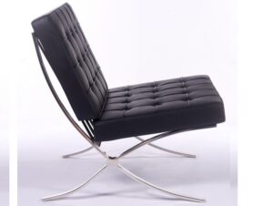 Black leather Barcelona chair replica with hand-polished stainless steel mirror-chrome X-frame, full top-grain Italian aniline leather, inspired by Mies van der Rohe