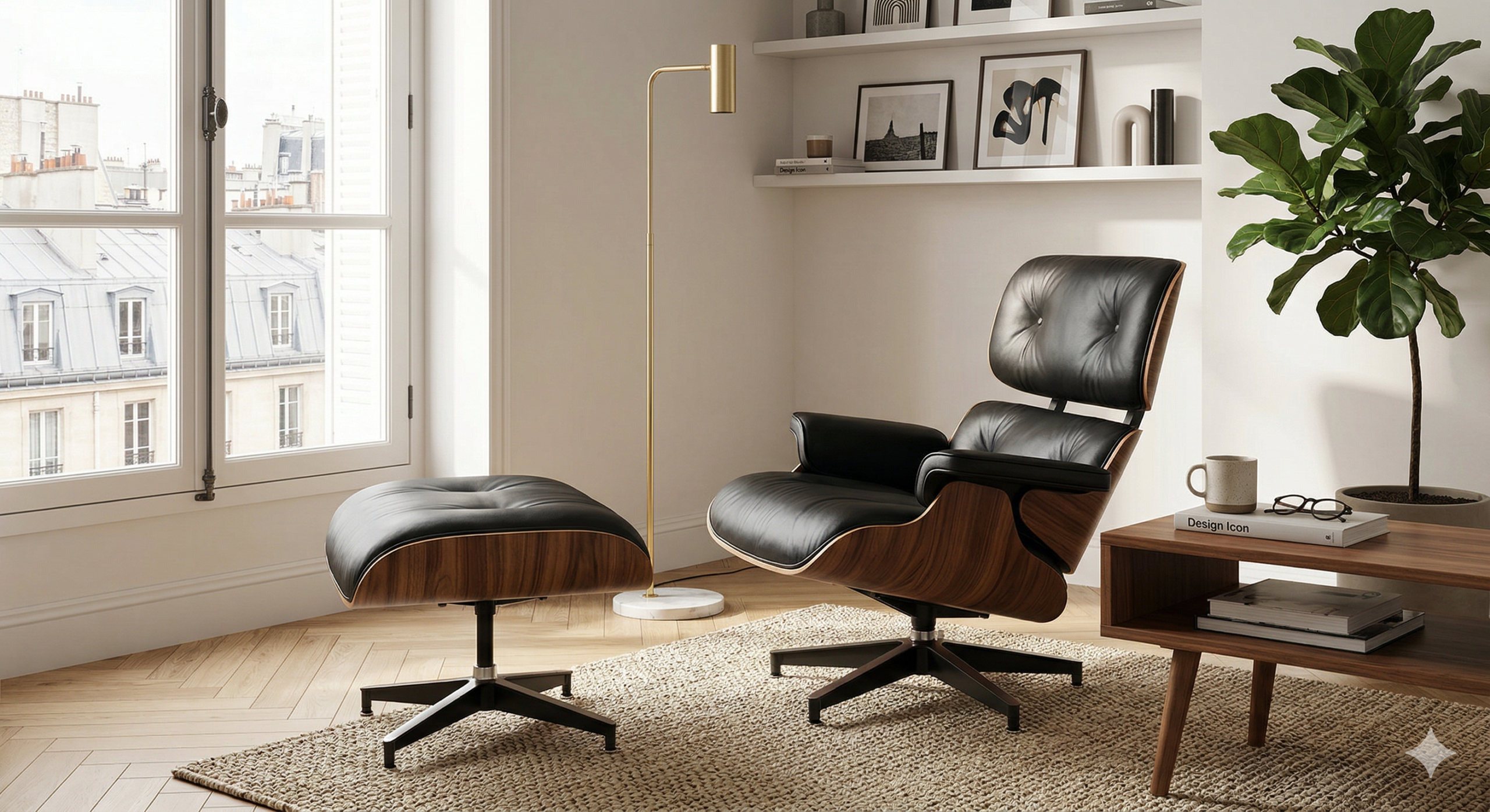Affordable Eames lounge chair replica in white leather and rose wood with ottoman under 800 euros with EU delivery