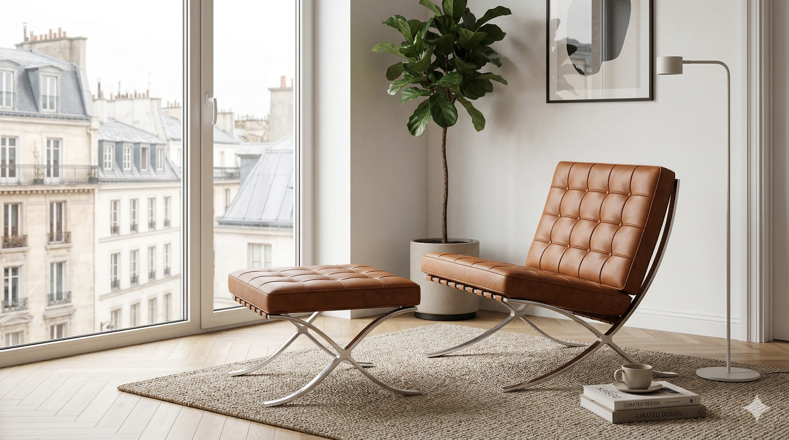 Barcelona chair replica in cream leather in a bright minimalist European living room
