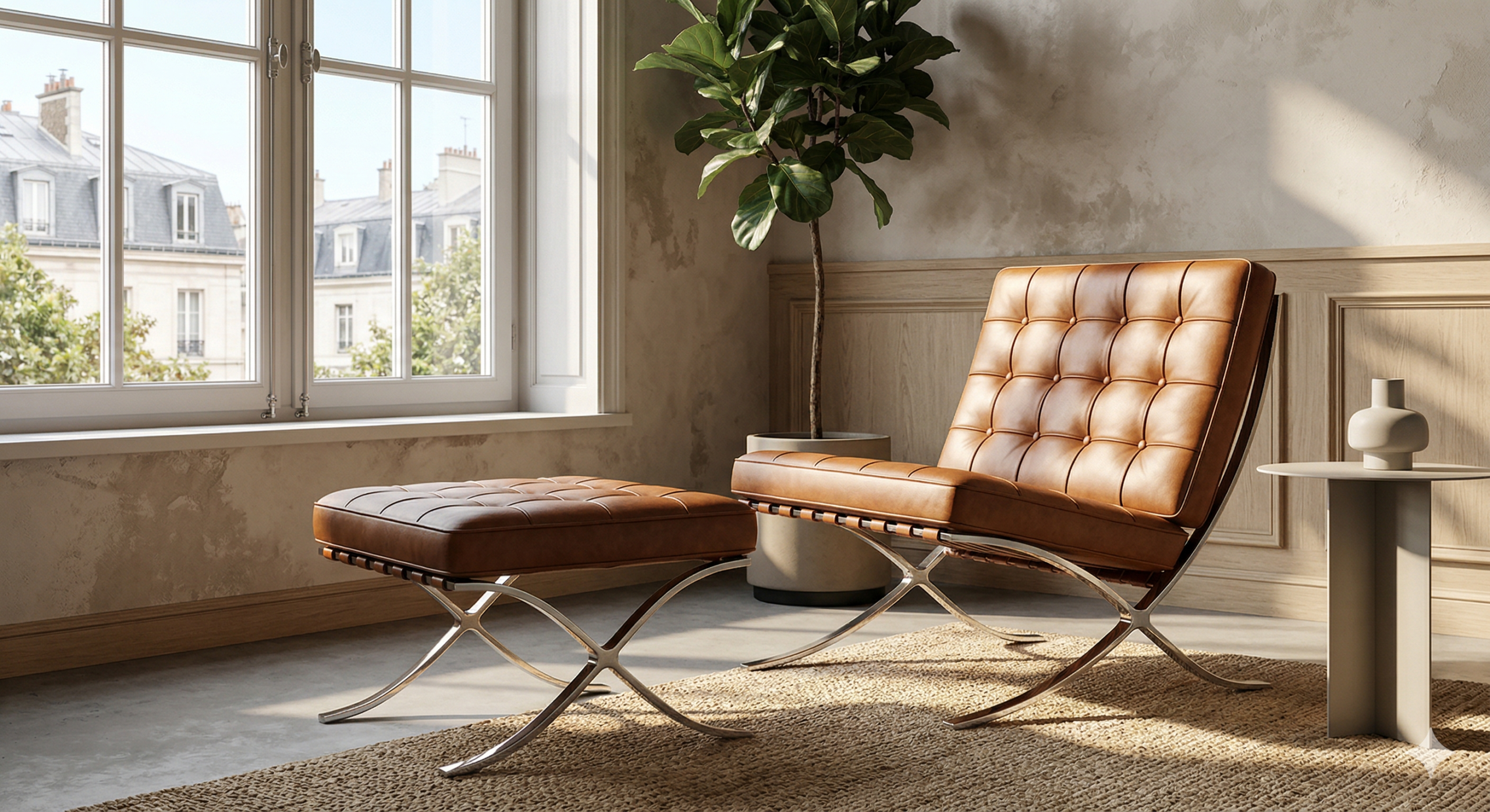 Barcelona chair replica in tan brown leather in a bright European living room suited to buyers in Netherlands France and Spain