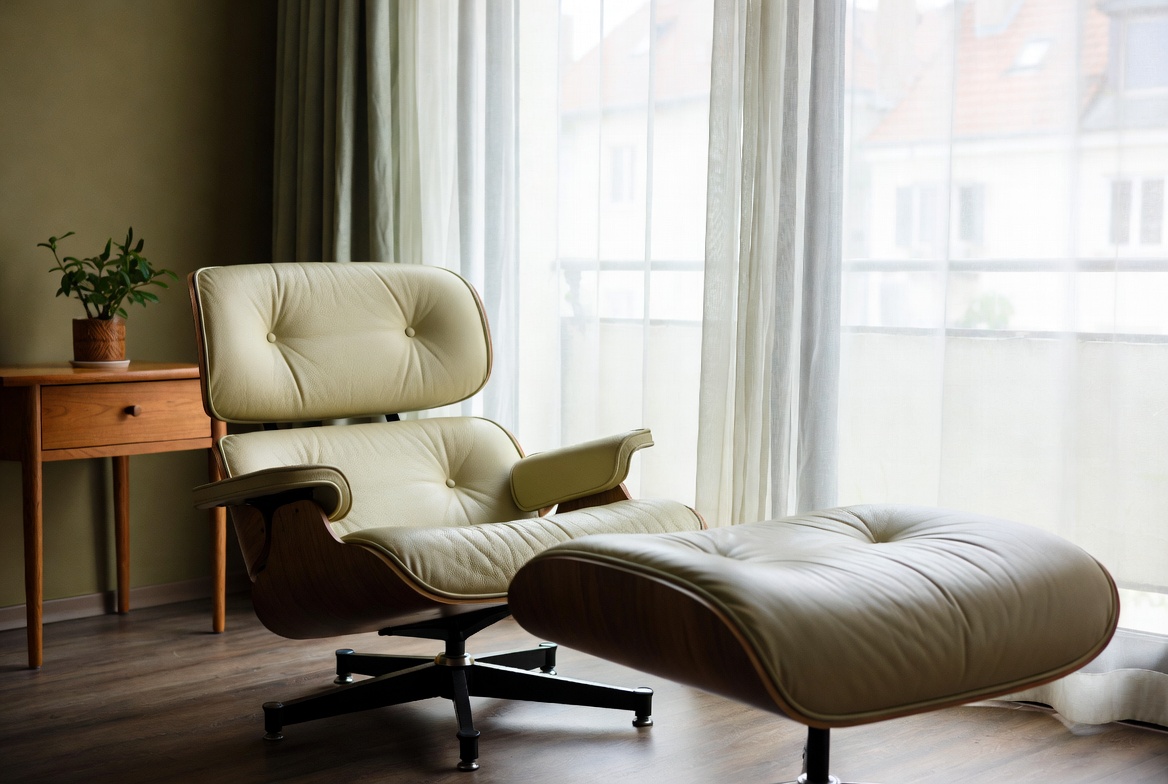 Close-up of premium aniline leather on an Eames-style lounge chair replica showing rich texture