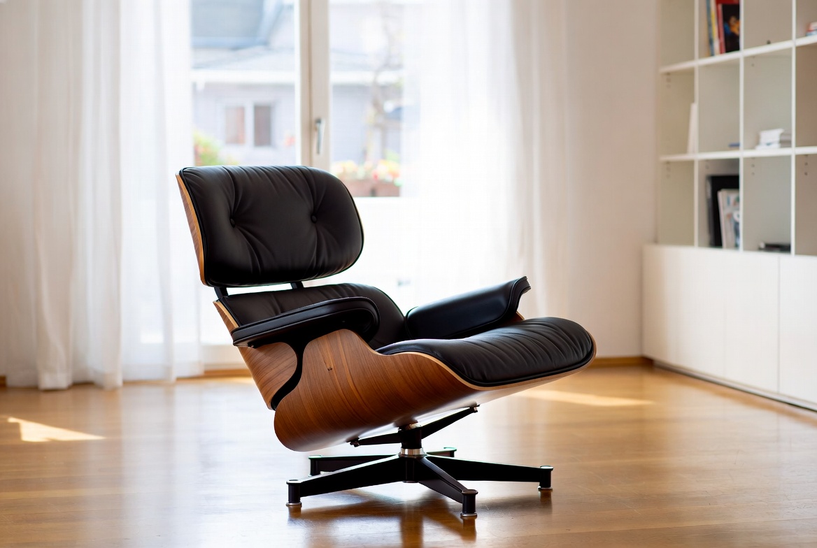 Eames lounge chair replica in a bright European living room with walnut wood and black leather