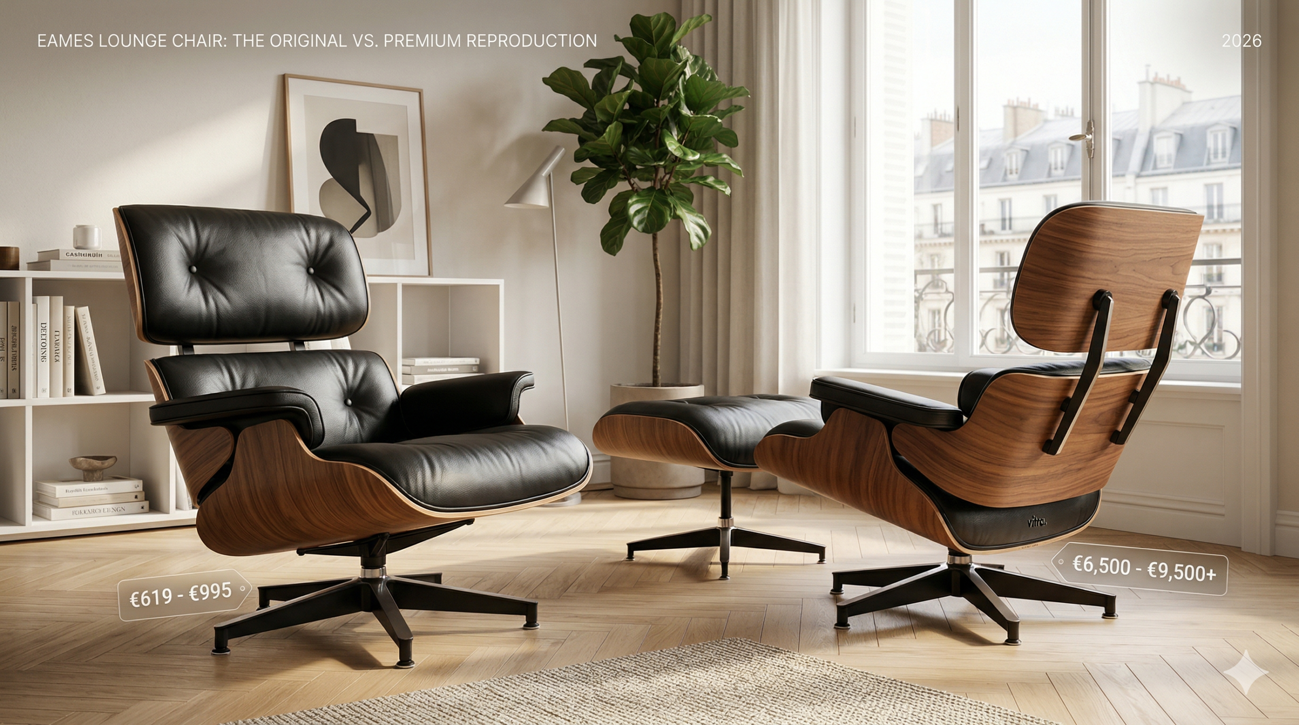 Side by side comparison of Eames lounge chair replica versus original Herman Miller showing design similarities