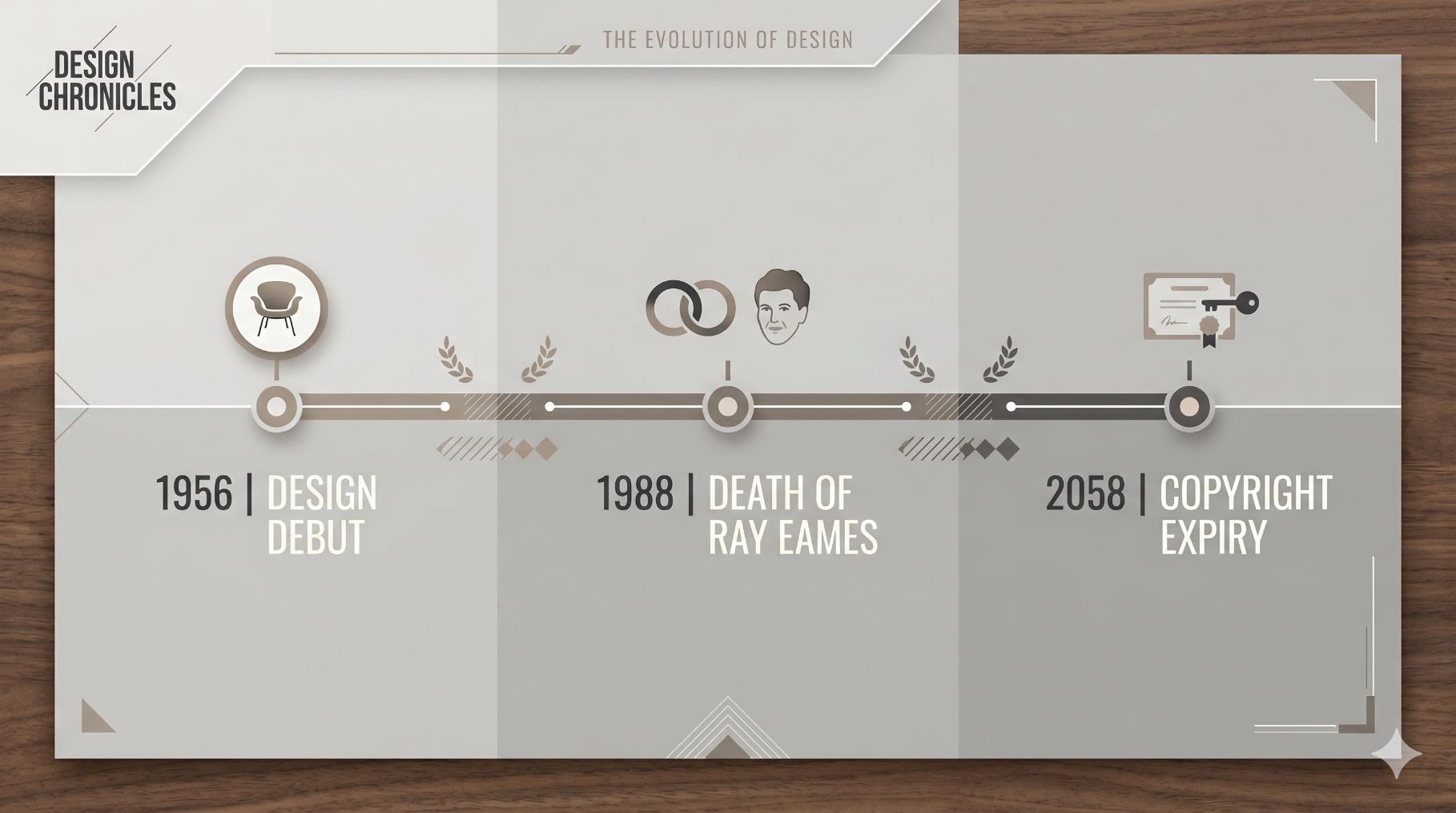 Eames chair copyright protection timeline in Europe from 1956 to 2058.