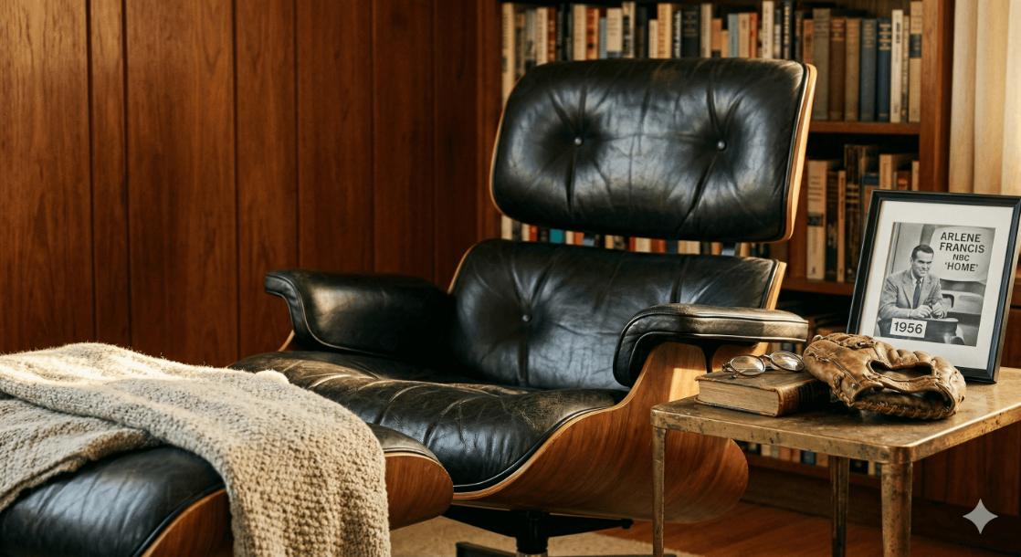 Eames lounge chair 670 and ottoman 671 original design showing three-shell plywood construction and five-star aluminium base