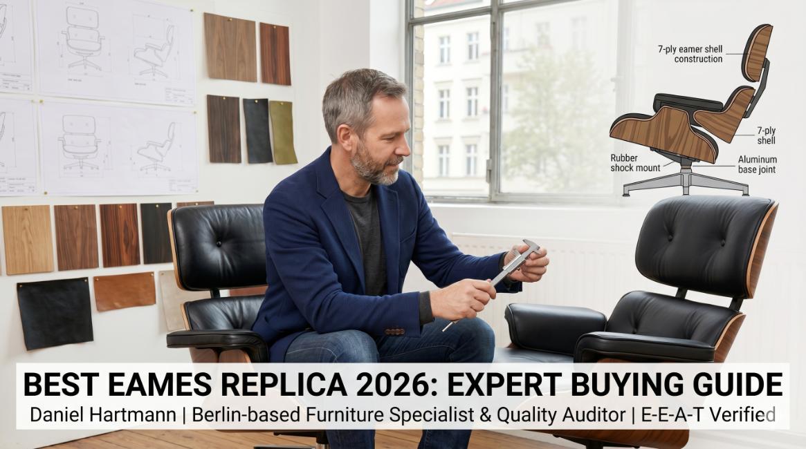 Daniel Hartmann auditing the material integrity of Eames lounge chair replicas in his Berlin-based design studio.