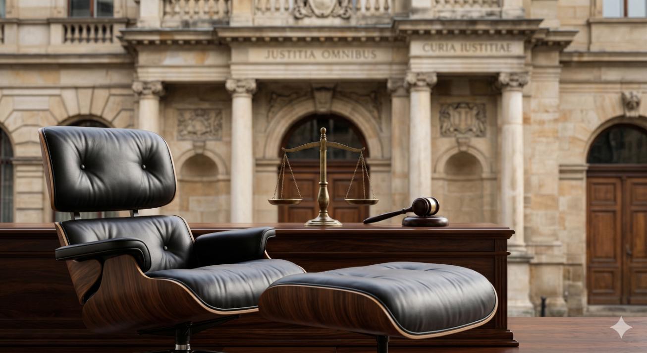 Diagram comparing counterfeit Eames chairs vs transparent reproductions and their legal status.