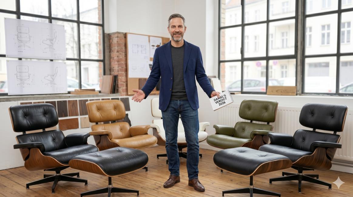Daniel Hartmann in his Berlin showroom evaluating all five top recommended Eames lounge chair replicas for the 2026 buying guide.