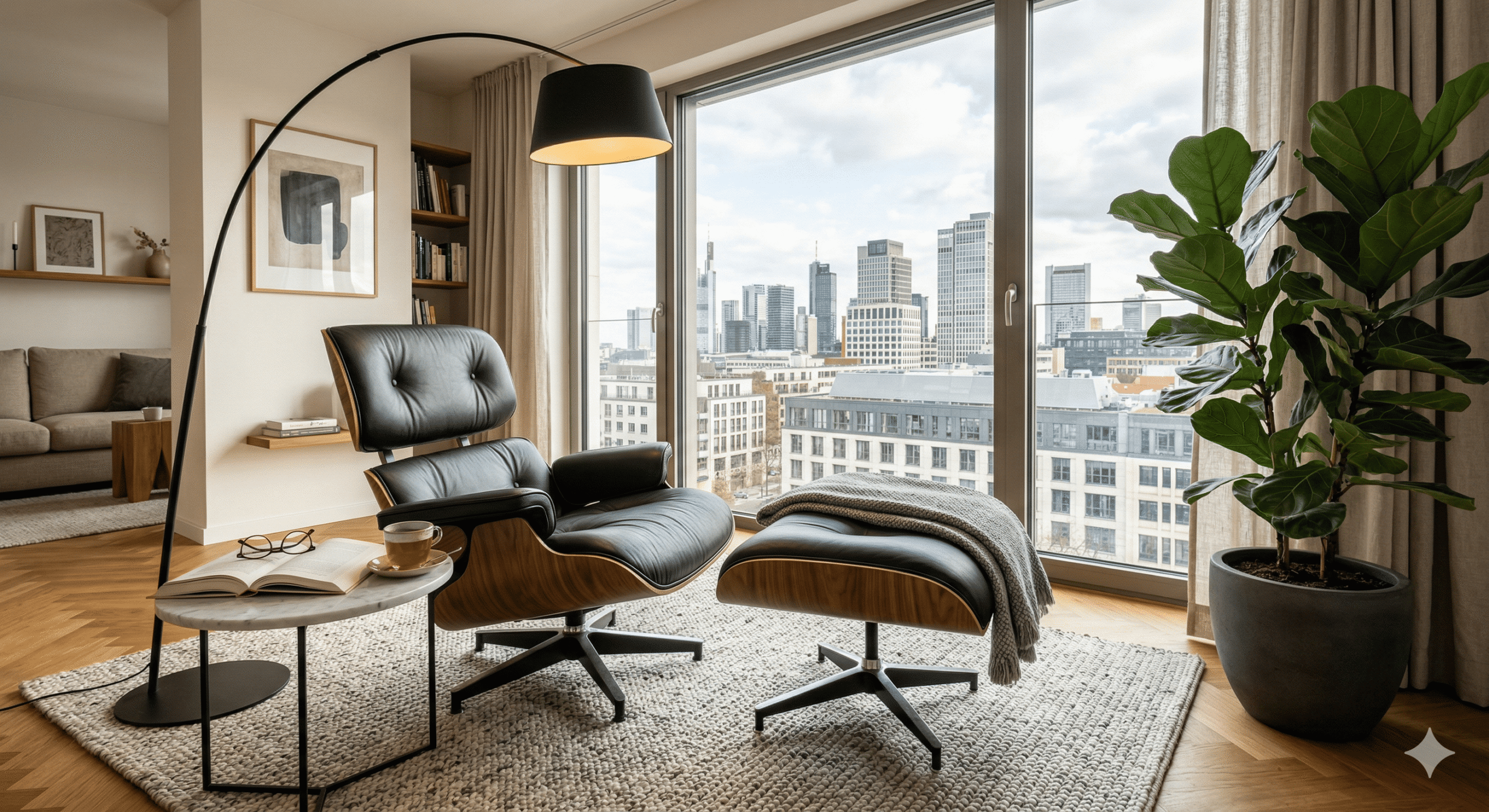 Premium Eames Lounge Chair replica styled in a modern sunlit living room with plants and an arc lamp.