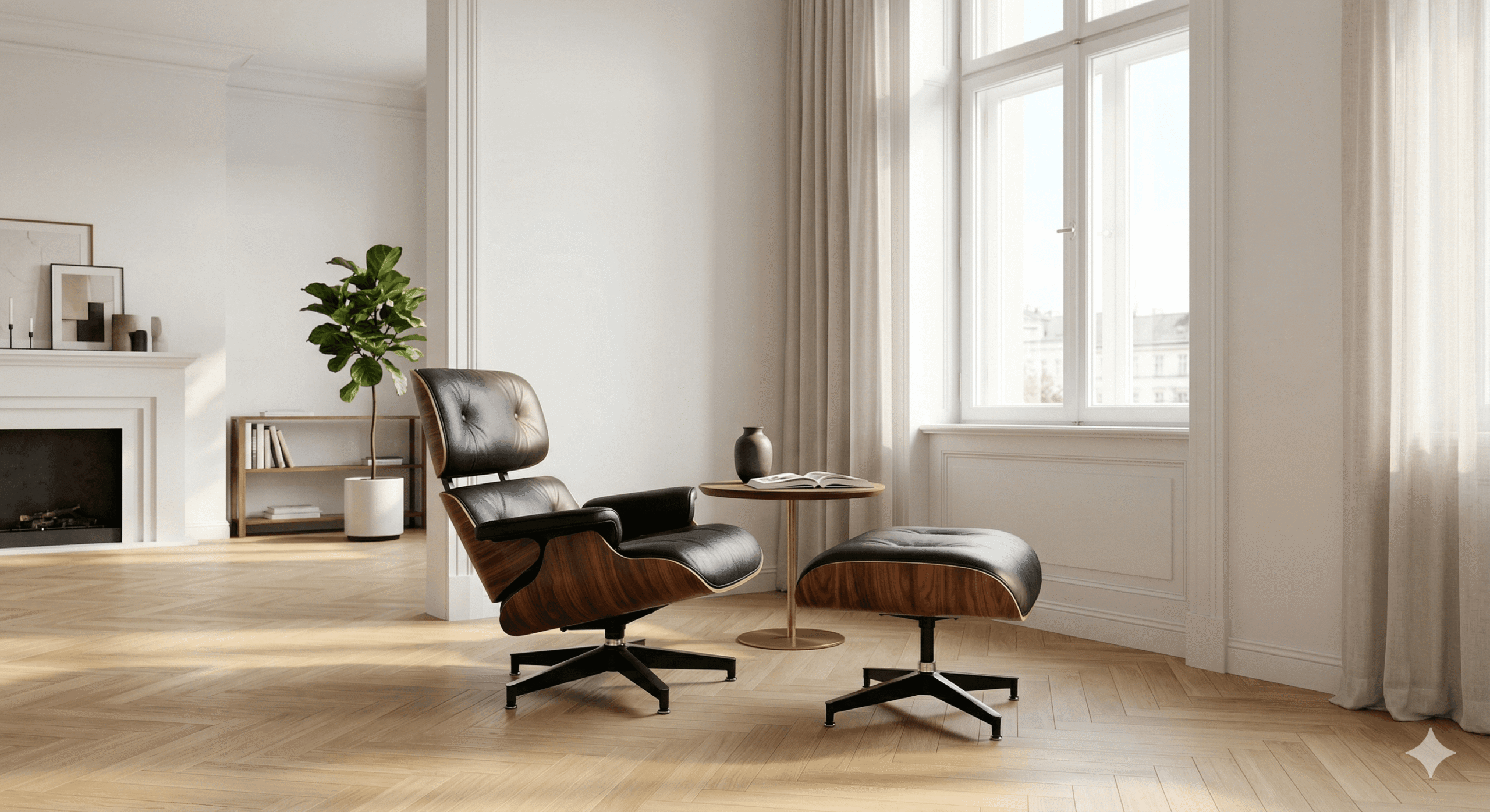 Iconic Eames style lounge chair and ottoman in a minimalist modern living room – Complete Design Guide 2026.